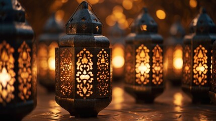 Aufkleber - A group of lit lanterns sitting on top of a table. Perfect for adding a warm and cozy ambiance to any space