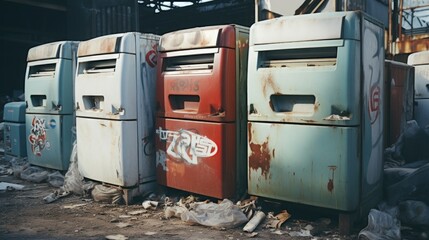 Poster - A row of old refrigerators sitting in a junkyard. Perfect for illustrating waste, recycling, or environmental issues