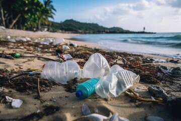 Poster - A bunch of plastic bottles sitting on top of a beach. Perfect for highlighting the issue of pollution and waste in our environment