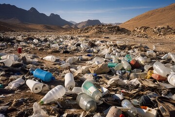 Poster - A pile of plastic bottles and other items in the desert. Suitable for environmental and waste management themes