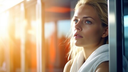 Poster - A woman in a towel stands by a window, gazing outside. Perfect for beauty, relaxation, and self-care concepts