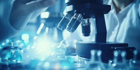 Aufkleber - A woman is using a microscope to examine something closely. This image can be used to illustrate scientific research, laboratory work, or education