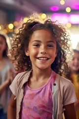 Poster - A cheerful little girl with curly hair smiling at the camera.