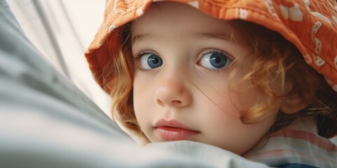 Poster - A little girl wearing a hat is looking directly at the camera. Suitable for various uses