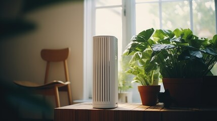 Poster - A white air purifier is placed on top of a wooden table, accompanied by a potted plant. Ideal for promoting clean indoor air quality and adding a touch of greenery to any space