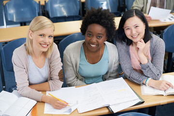 Sticker - Paperwork, students or portrait of women in library for education, knowledge or group in college project. Learning, university or people studying with teamwork in school meeting for research or books