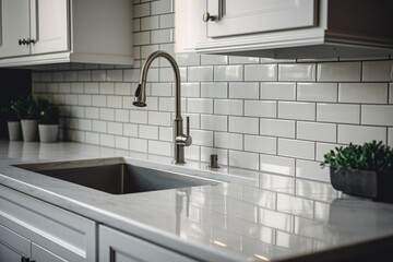 Canvas Print - A simple kitchen counter with a sink and a small potted plant. Perfect for illustrating a clean and organized kitchen space. Ideal for home improvement or interior design projects