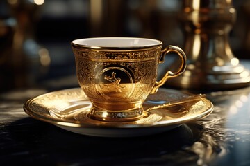 Aufkleber - A gold cup and saucer placed on a table. Suitable for use in various contexts