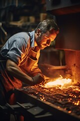 Wall Mural - A man in an apron is seen working on a metal object. This image can be used to depict craftsmanship, metalworking, or industrial labor