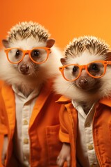 Poster - Two hedgehogs wearing orange glasses and jackets. Perfect for animal lovers and nature enthusiasts