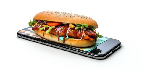 Poster - A hot dog sitting on top of a cell phone. Perfect for food and technology related projects