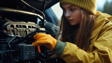 Poster - A woman is seen working on a car engine. This image can be used to depict car repairs or automotive maintenance