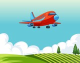 Fototapeta Dinusie - Colorful Airplane Flying Green Fields