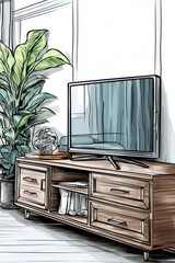Poster - A drawing of a TV in a living room. Perfect for illustrating home entertainment or interior design concepts