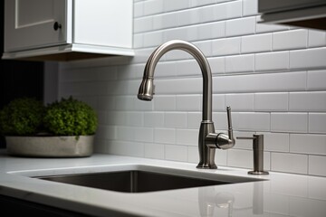 Aufkleber - A picture of a kitchen sink with a faucet and a potted plant. This image can be used to depict a clean and organized kitchen or to showcase the beauty of indoor plants in a home setting