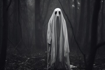 Poster - A ghostly looking figure standing in a haunting forest. Perfect for Halloween-themed projects or spooky designs