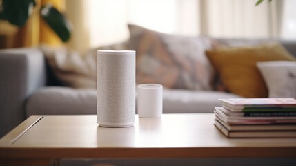 Poster - A coffee table with two speakers placed on top. Perfect for creating an immersive audio experience while enjoying a cup of coffee.