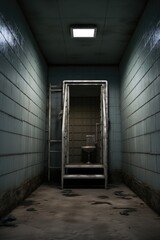 Poster - A picture of a jail cell with a ladder and a window. Can be used to depict imprisonment, escape, or confinement. Ideal for illustrating crime-related articles or stories
