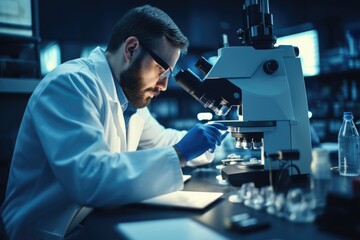 Poster - A man wearing a lab coat is seen peering through a microscope. This image can be used to depict scientific research, laboratory work, or education