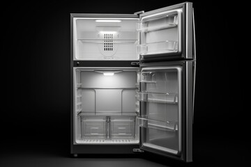 Aufkleber - A black and white photo of an open refrigerator. This versatile image can be used to depict food storage, healthy eating, meal planning, or kitchen organization