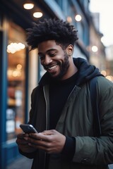 Poster - A young man with a smile on his face while looking at his cell phone. This image can be used to represent happiness, technology, communication, and social media