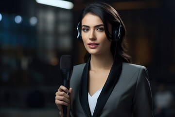Poster - A woman is holding a microphone while wearing headphones. Perfect for music recording, podcasting, or broadcasting