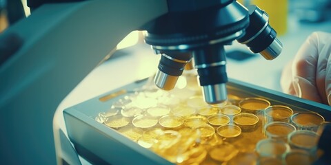 Aufkleber - A close-up view of a person using a microscope. Can be used for scientific research or educational purposes