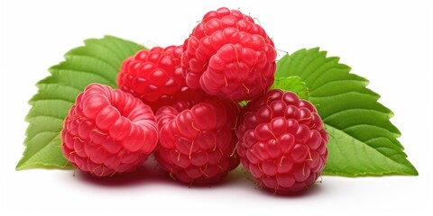 Poster - A pile of raspberries with leaves on a white background. Perfect for food and fruit-themed designs