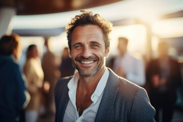 Poster - A man wearing a smile stands out in a crowd of people. Perfect for illustrating happiness and individuality in social settings
