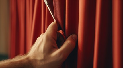 Poster - A person holding a pair of scissors near a vibrant red curtain. Suitable for various creative projects and artistic endeavors
