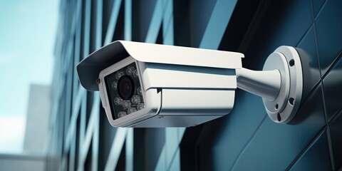 Poster - A security camera mounted on the side of a building. Suitable for surveillance and security-related themes