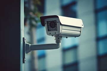 Poster - A security camera mounted on the side of a building. Can be used for surveillance and monitoring purposes