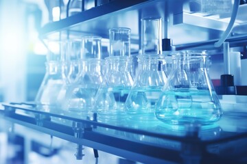 Poster - Glass flasks neatly arranged on a shelf. Ideal for science and laboratory-related projects