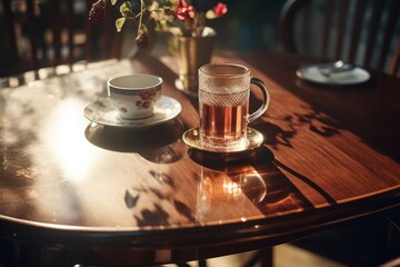 Poster - A simple and elegant image of a cup of tea and a saucer placed on a table. Perfect for illustrating relaxation, comfort, and a cozy atmosphere.