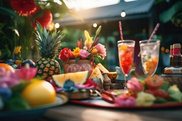 Poster - A table filled with plates of food and drinks. Perfect for showcasing a delicious meal or setting up a buffet.
