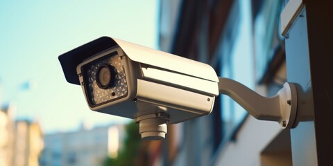Poster - A security camera mounted on the side of a building. Can be used for surveillance purposes