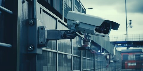 Poster - A detailed view of a security camera mounted on a building. This image can be used to depict surveillance, security, or monitoring concepts