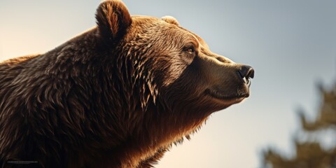 Aufkleber - A close up view of a bear's face with trees in the background. Perfect for wildlife enthusiasts or nature lovers