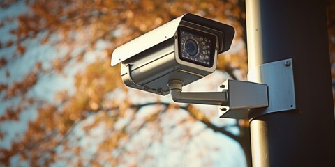 Poster - A close-up view of a camera mounted on a pole. This image can be used to illustrate surveillance, security, or photography concepts