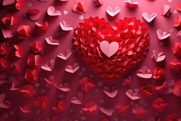 Poster - A red heart is surrounded by an abundance of paper hearts. This image can be used to represent love, romance, Valentine's Day, or any heartfelt occasion