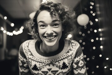 Canvas Print - A black and white photo capturing a woman laughing. This image can be used to depict joy, happiness, or a lighthearted moment