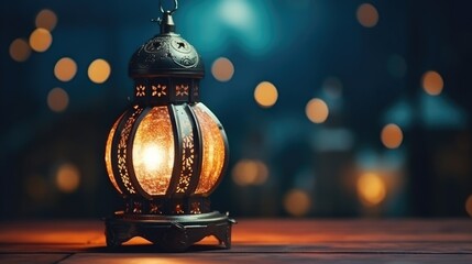 Aufkleber - A lit lantern sits on a wooden table with beautiful bokeh lights in the background. Perfect for creating a warm and cozy atmosphere