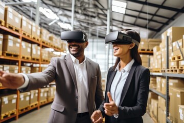 Poster - A man and a woman are seen wearing virtual reality headsets in a warehouse. This image can be used to depict the use of virtual reality technology in industrial settings