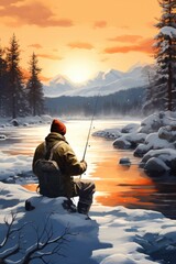 Poster - A painting depicting a man peacefully fishing in a river. Perfect for nature and outdoor enthusiasts