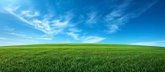 Sticker - A picturesque natural landscape with lush green grassland, vibrant plants, and a clear blue sky adorned with fluffy white clouds in the background.