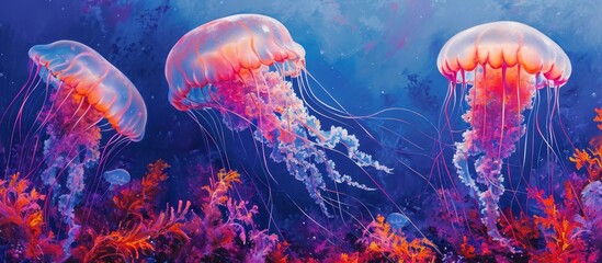 Poster - An underwater artwork of three azure jellyfish, marine invertebrates with electric blue bodies, gracefully swimming in liquid depths.