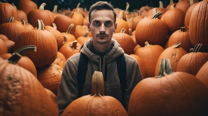 Poster - A man standing in a field of pumpkins. Perfect for autumn or Halloween-themed projects