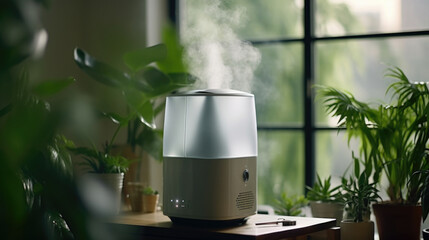 Poster - A compact and straightforward description of the image showing a humidifier placed on top of a table next to a potted plant.