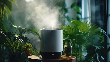 Poster - A compact and straightforward description of a humidifier sitting on top of a wooden table. This versatile image can be used in various settings