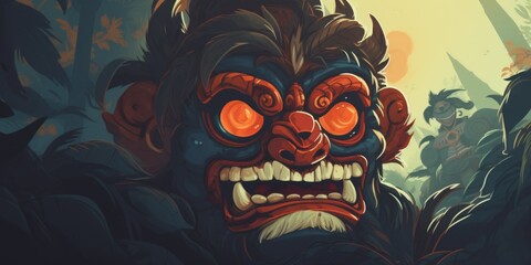 Poster - A painting depicting a fearsome demon with piercing orange eyes. This artwork captures the essence of darkness and mystery. Suitable for various creative projects